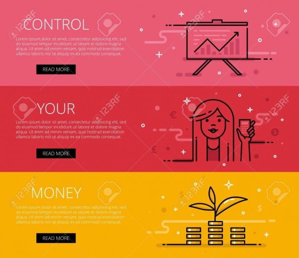Linear Personal Finance Web Banners Set  Line Diagram, Woman