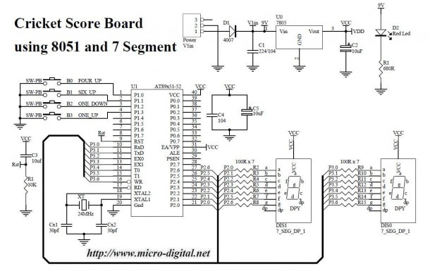 Cricket Score Board Using 8051 And 7 Segment