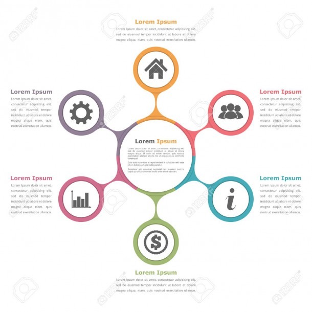 Circle Diagram With Six Elements With Icons And Text, Flow Chart